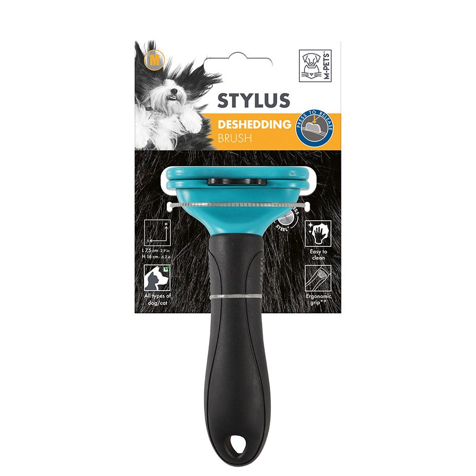 Woofy and Whiskers M-PETS Stylus deshedding brush with ergonomic handle for pet fur grooming and shedding control.