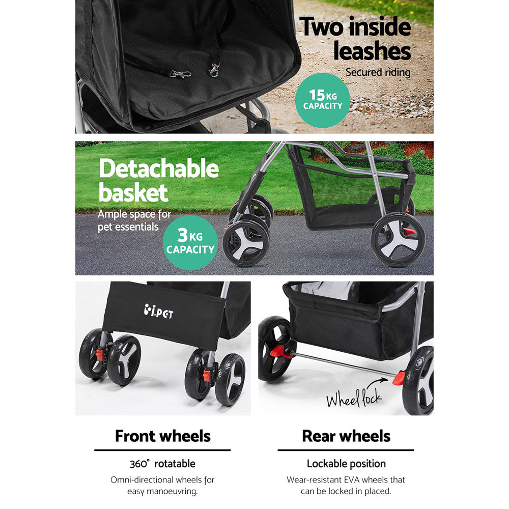 i.Pet 4 Wheel Pet Stroller - Black pet stroller ipet