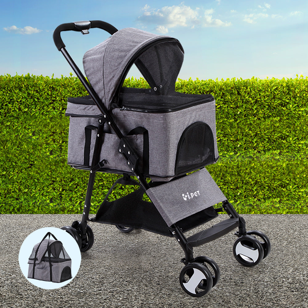 i.Pet Pet Stroller Dog Pram Cat Carrier Travel Large Pushchair Foldable 4 Wheels Grey Pet Care > Cat Supplies > Cat Carriers & Crates Woofy and Whiskers