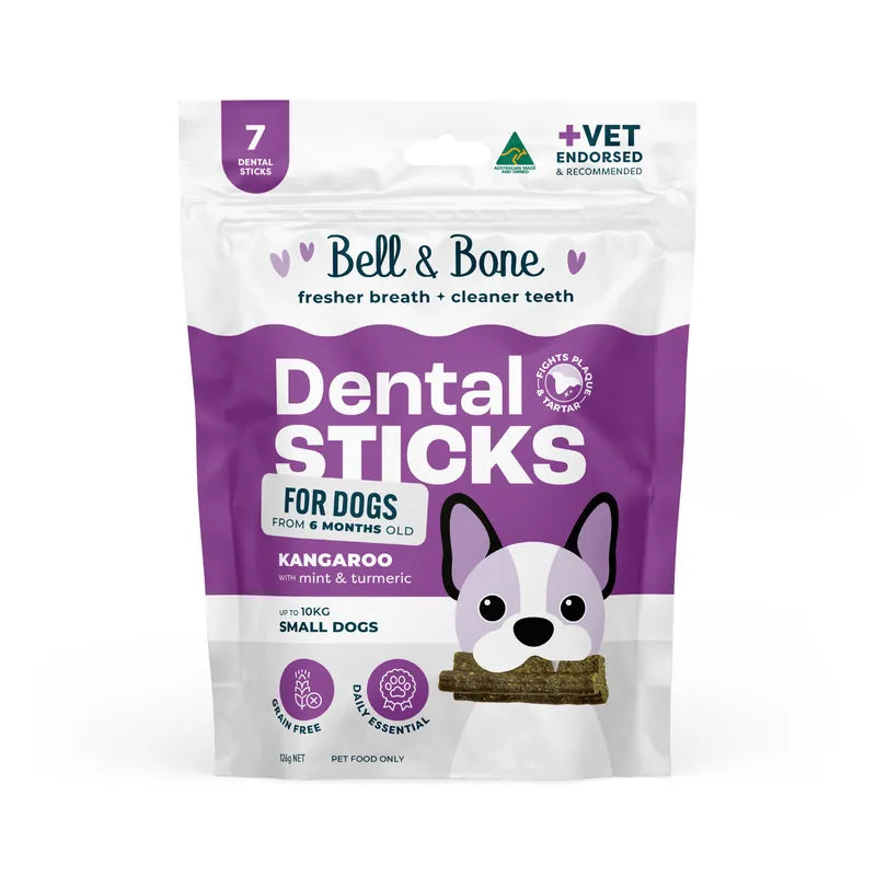 BELL & BONE DOG DENTAL STICKS ROO MINT & TURMERIC SM Dog treats bell and bone