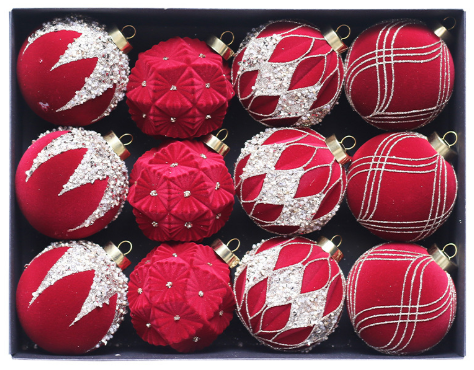 Red 12-Piece 8cm Christmas Bauble Set - Colorful Flocked Tree Ornaments Occasions > Christmas > Christmas Decorations Woofy and Whiskers