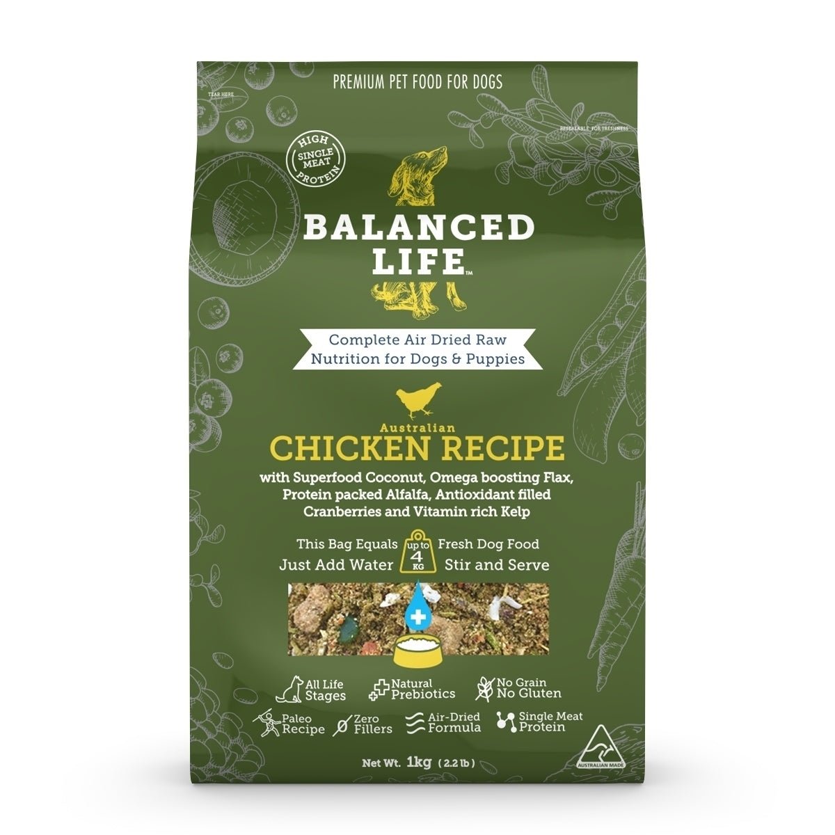 Balanced Life Air Dried Dog Food - Chicken 1kg Non-prescription Dog Food Balanced Life 200G