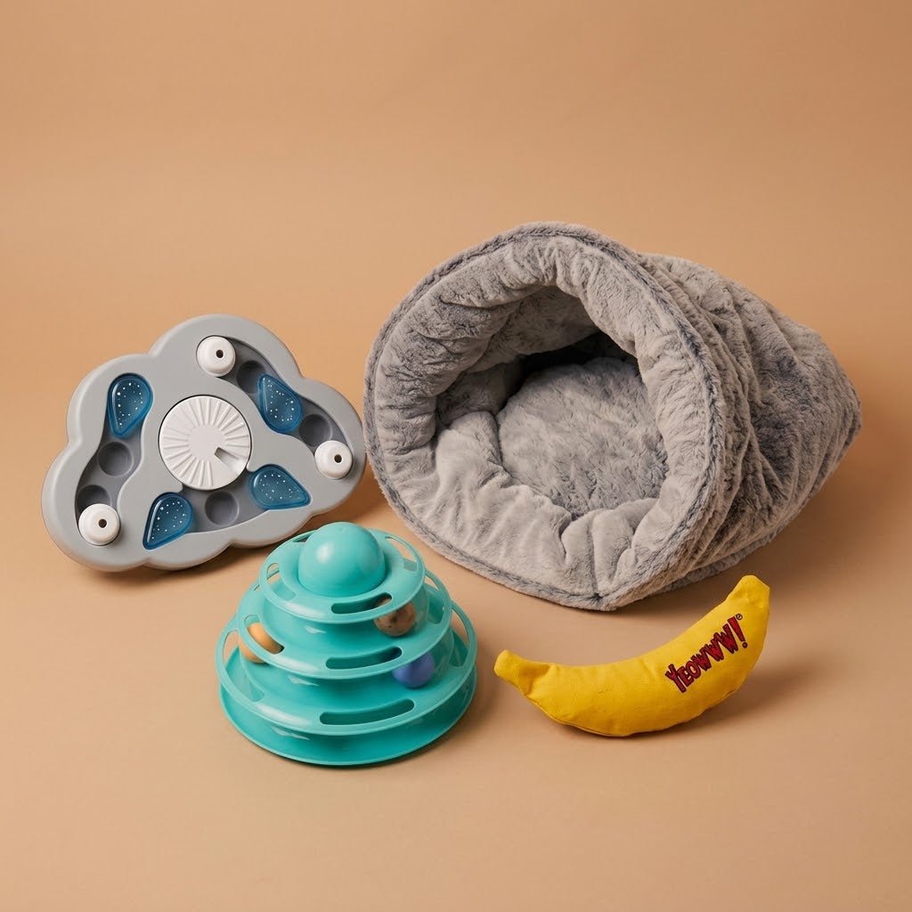 Cat Enrichment & Comfort Bundle | Nina Ottosson Puzzle, Cat Bed & Interactive Play Woofy and Whiskers Rainy Day Level 3