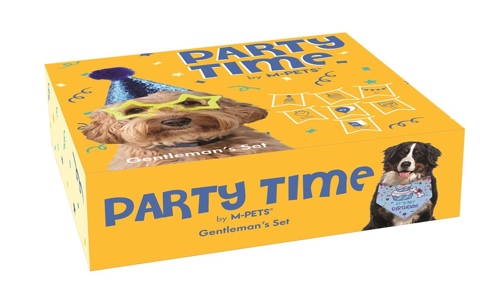 Dog birthday set from M Pets Party Time with colorful decorations and accessories for celebrating a pup's special day.