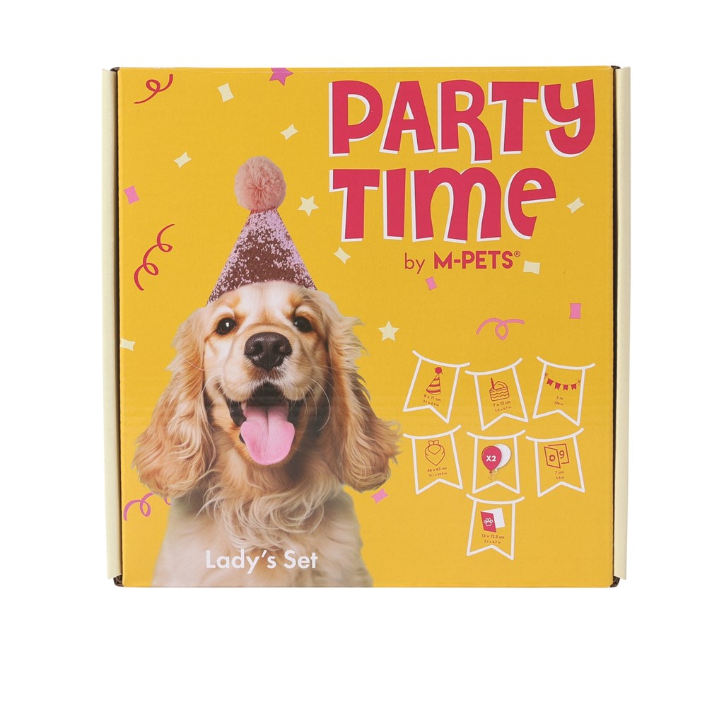Dog birthday set by MPets featuring colorful party hats, balloons, and festive decorations for celebrating your pet's special day.