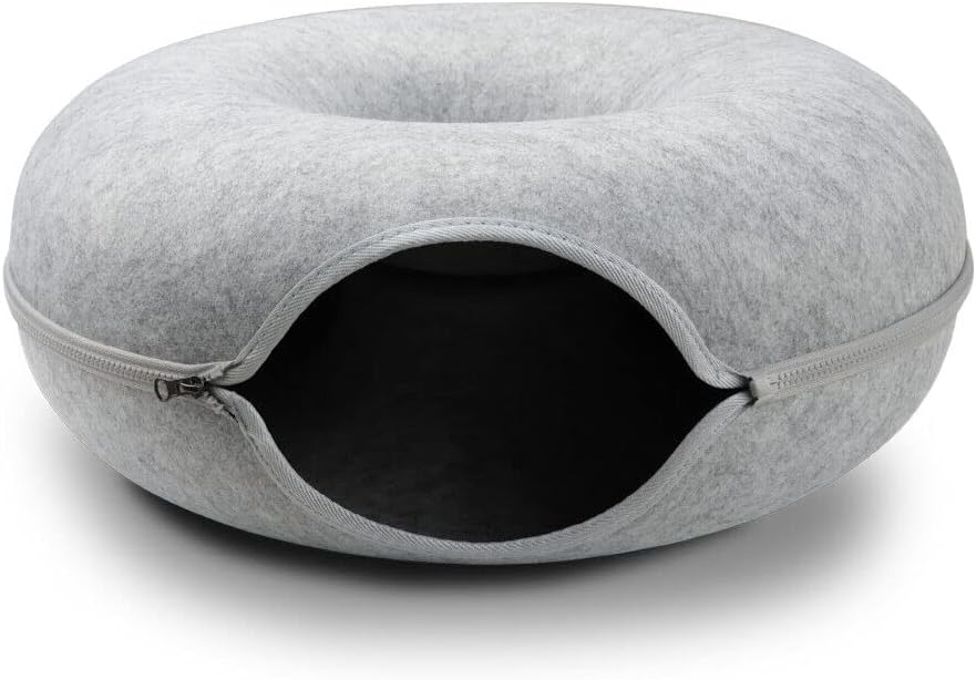 Felt Cat Cave Bed with Zipper – 59x59x29cm Donut-Shaped Cat Tunnel Bed for Indoor Cats – Washable & Detachable Cat House for Multiple Cats, Light Grey Woofy and Whiskers