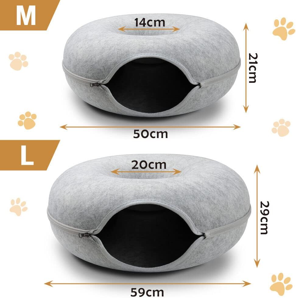Felt Cat Cave Bed with Zipper – 59x59x29cm Donut-Shaped Cat Tunnel Bed for Indoor Cats – Washable & Detachable Cat House for Multiple Cats, Light Grey Woofy and Whiskers