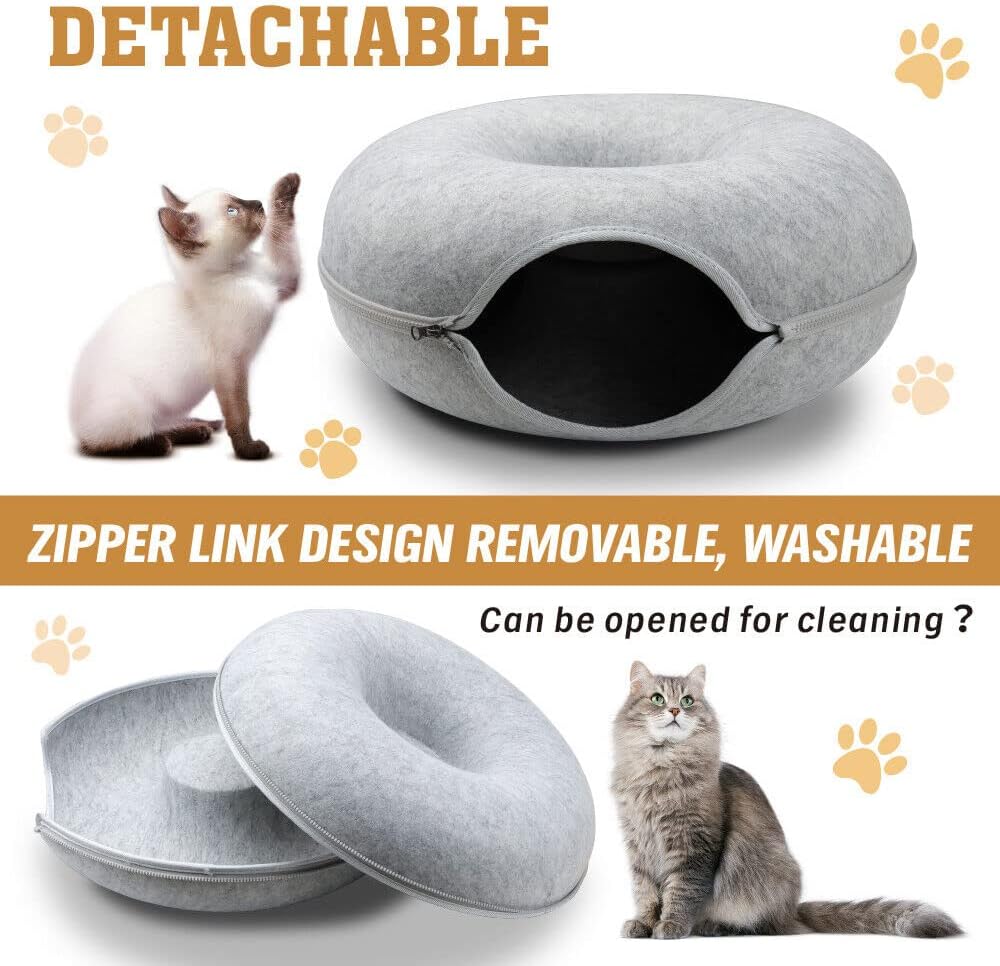 Felt Cat Cave Bed with Zipper – 59x59x29cm Donut-Shaped Cat Tunnel Bed for Indoor Cats – Washable & Detachable Cat House for Multiple Cats, Light Grey Woofy and Whiskers