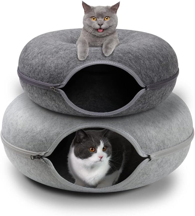 Felt Cat Cave Bed with Zipper – 59x59x29cm Donut-Shaped Cat Tunnel Bed for Indoor Cats – Washable & Detachable Cat House for Multiple Cats, Light Grey Woofy and Whiskers Medium