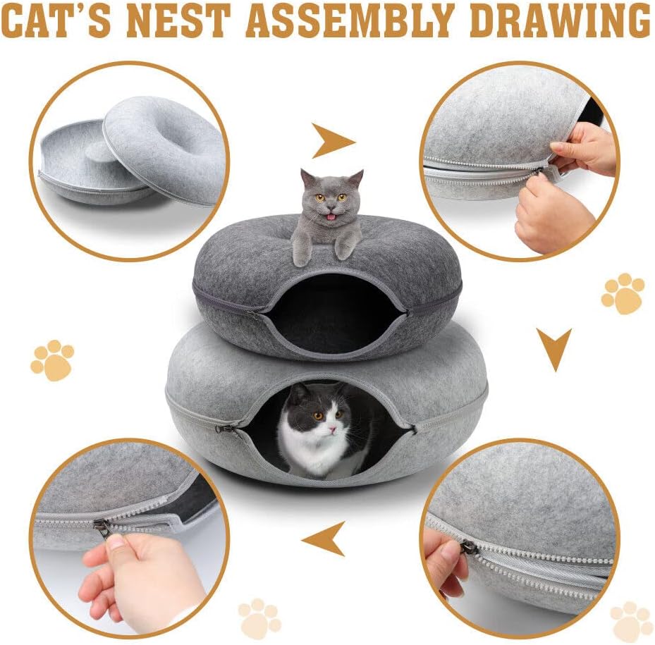 Felt Cat Cave Bed with Zipper – 59x59x29cm Donut-Shaped Cat Tunnel Bed for Indoor Cats – Washable & Detachable Cat House for Multiple Cats, Light Grey Woofy and Whiskers