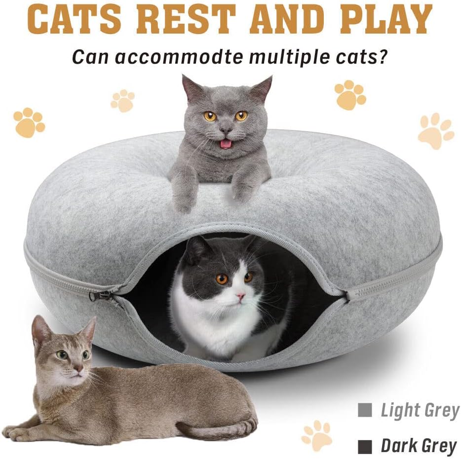 Felt Cat Cave Bed with Zipper – 59x59x29cm Donut-Shaped Cat Tunnel Bed for Indoor Cats – Washable & Detachable Cat House for Multiple Cats, Light Grey Woofy and Whiskers