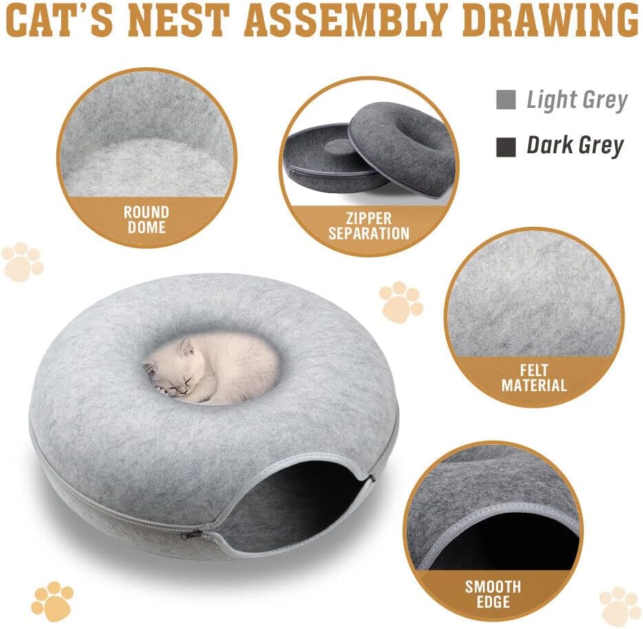 Felt Cat Cave Bed with Zipper – 59x59x29cm Donut-Shaped Cat Tunnel Bed for Indoor Cats – Washable & Detachable Cat House for Multiple Cats, Light Grey Woofy and Whiskers