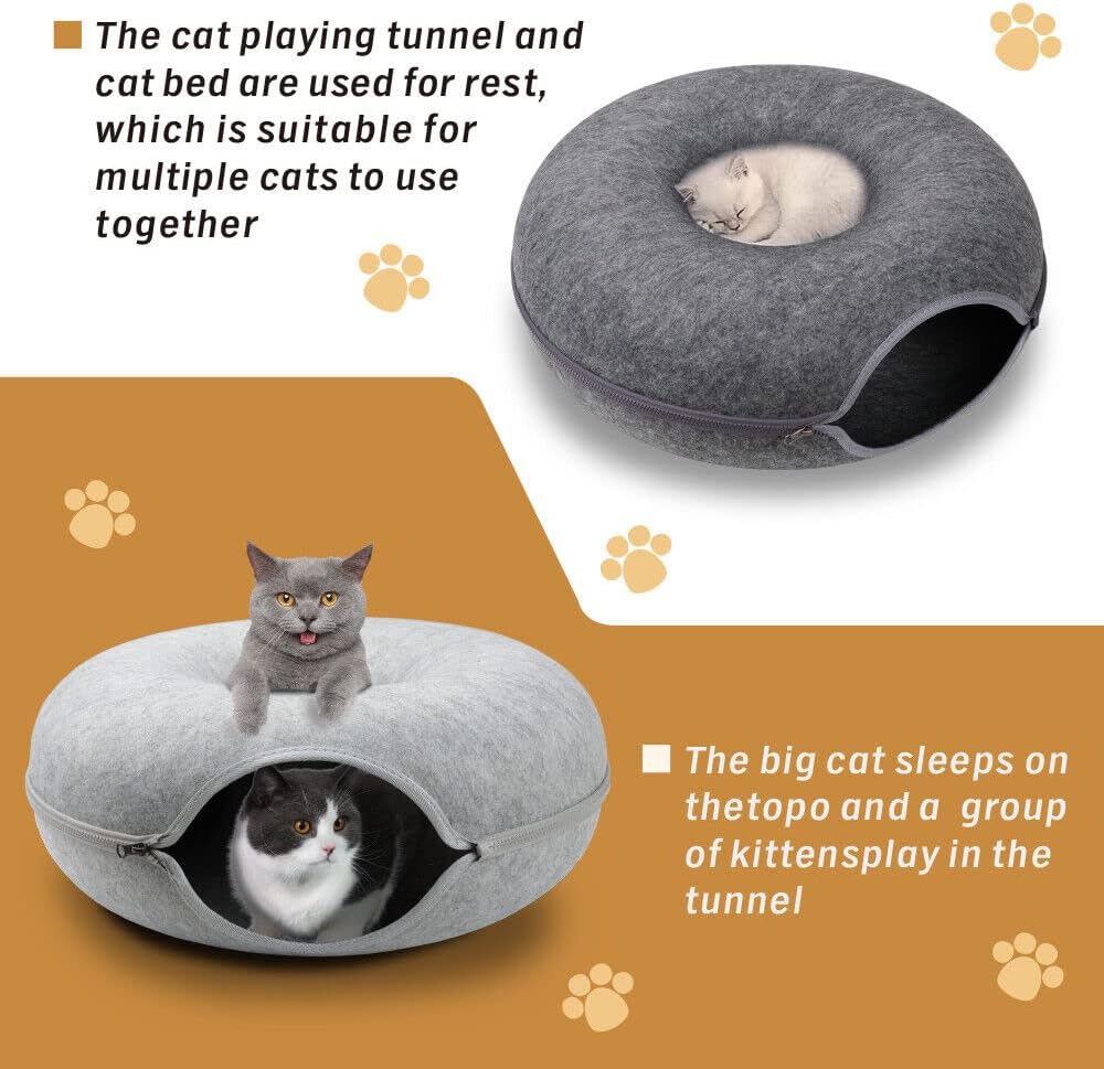 Felt Cat Cave Bed with Zipper – 59x59x29cm Donut-Shaped Cat Tunnel Bed for Indoor Cats – Washable & Detachable Cat House for Multiple Cats, Light Grey Woofy and Whiskers