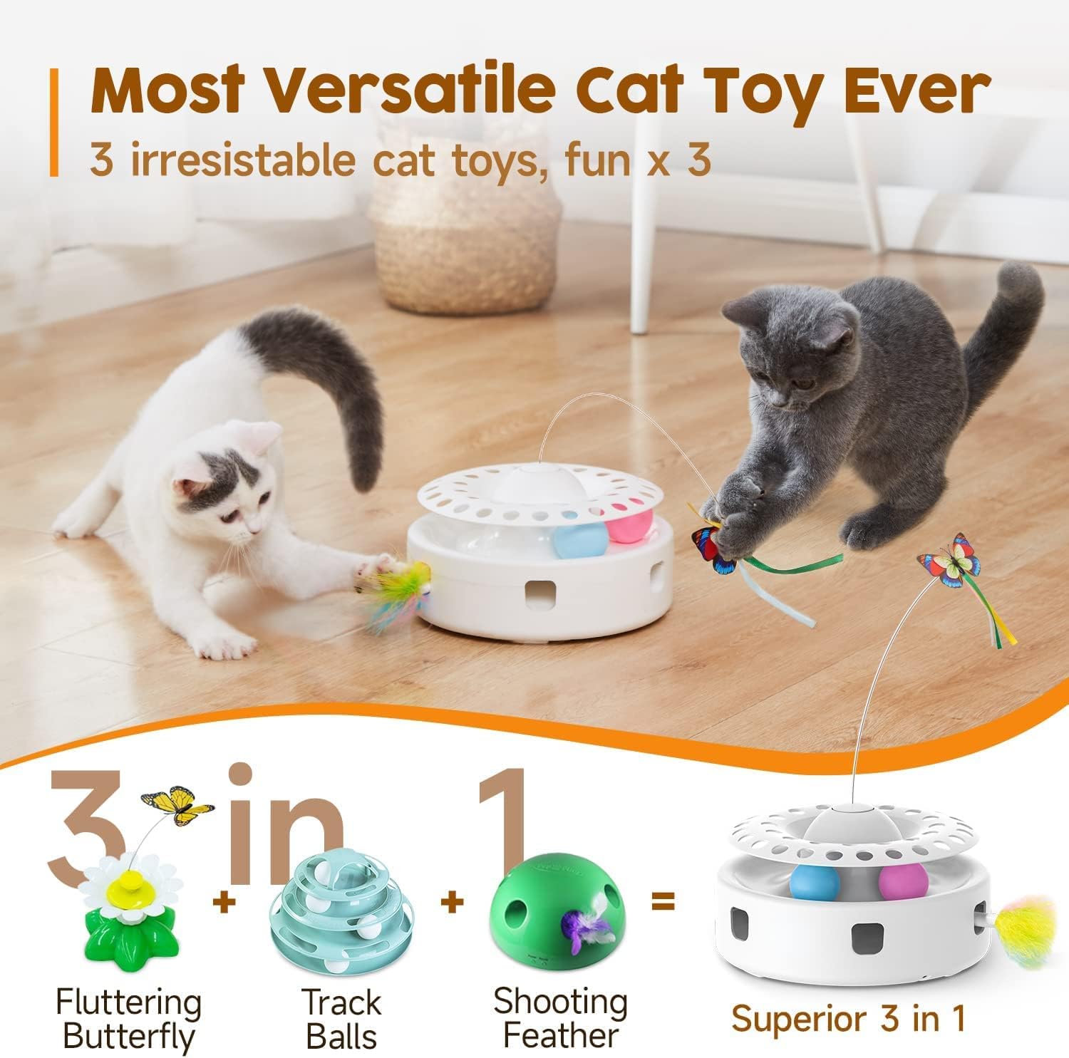 Interactive Toys for Cats, 3-in-1 Smart Interactive Kitten Toy, Fluttering Butterfly, Random Moving Amb Interactive cat toy Woofy and Whiskers
