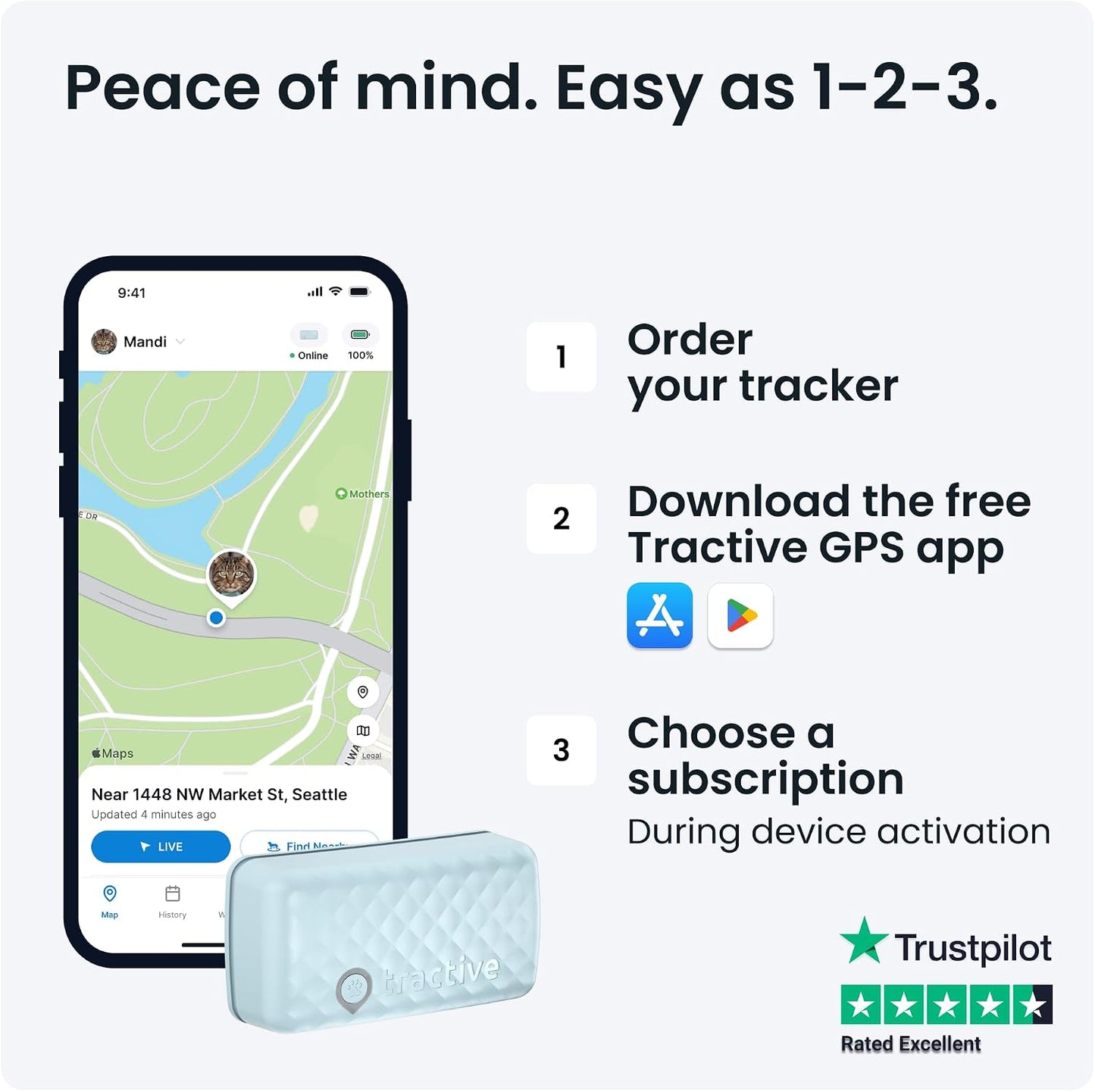 Tractive Mini GPS Cat Tracker | Market Leader | Real-Time Location Tracking | Location History | Monitor Activity | Collar Included Woofy and Whiskers