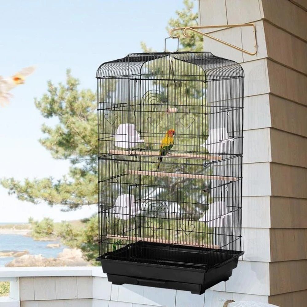 92cm Large Portable Wire Bird Cage Birdcage Parrot Cage Wooden Stand Pole Feeding Cup BlackWoofy and Whiskers