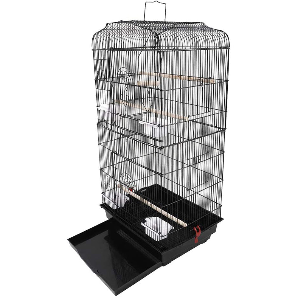 92cm Large Portable Wire Bird Cage Birdcage Parrot Cage Wooden Stand Pole Feeding Cup BlackWoofy and Whiskers