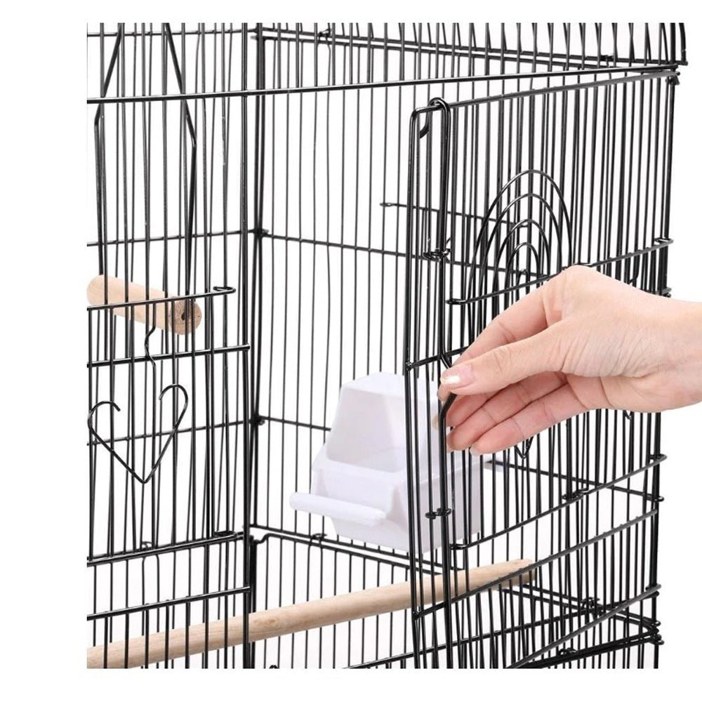 92cm Large Portable Wire Bird Cage Birdcage Parrot Cage Wooden Stand Pole Feeding Cup BlackWoofy and Whiskers