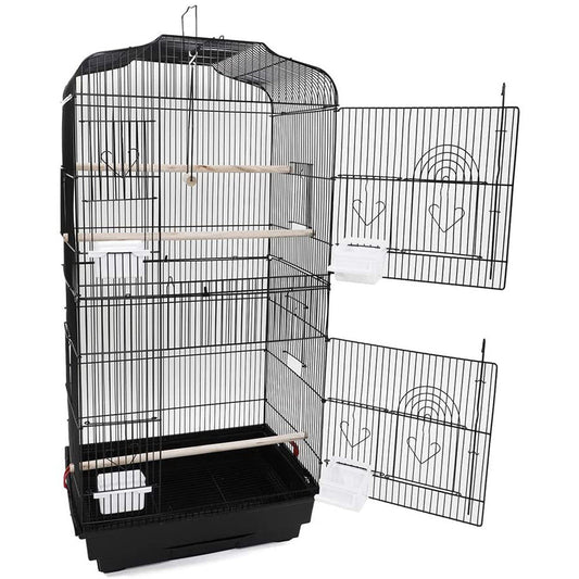 92cm Large Portable Wire Bird Cage Birdcage Parrot Cage Wooden Stand Pole Feeding Cup BlackWoofy and Whiskers