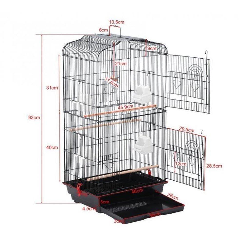 92cm Large Portable Wire Bird Cage Birdcage Parrot Cage Wooden Stand Pole Feeding Cup BlackWoofy and Whiskers