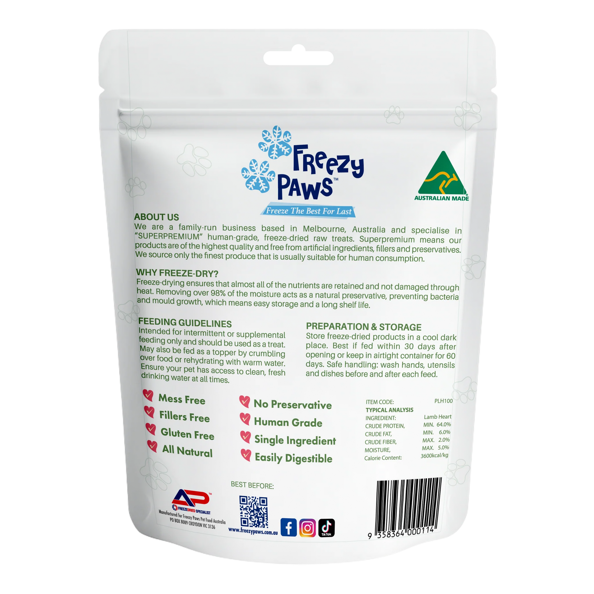 FREEZY PAWS FREEZE DRIED LAMB HEART TREATS 100G Dog treats freezy paws