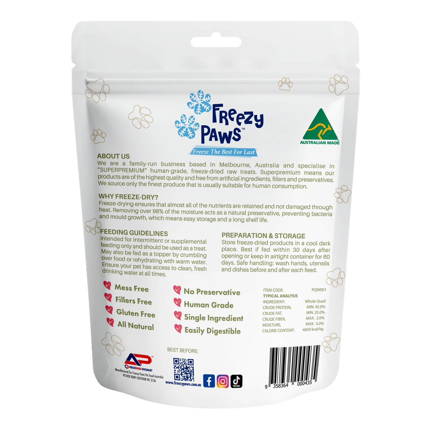 Freeze-Dried Raw Whole Quail Treat (1 piece) Dog treats freezy paws