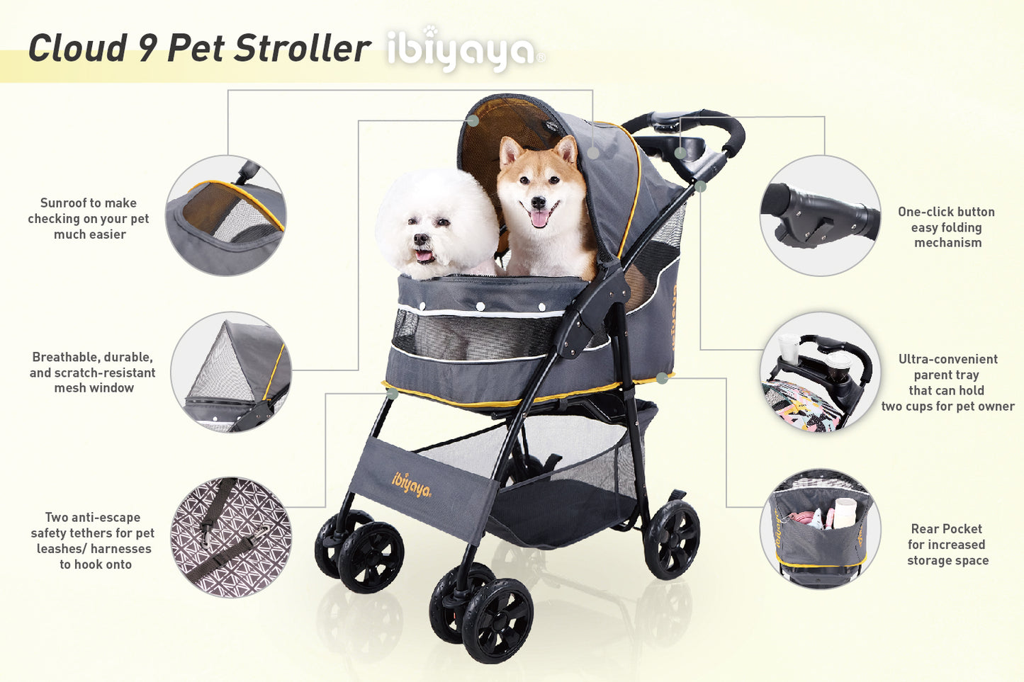 Ibiyaya Cloud 9 Pet Stroller for Cats & Dogs up to 20kg - Mustard Yellow Ibiyaya
