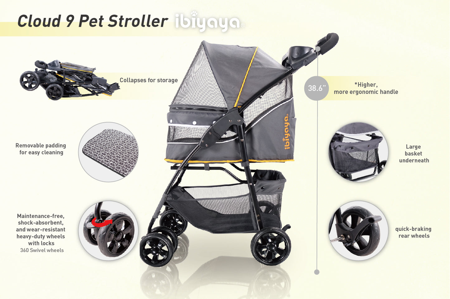 Ibiyaya Cloud 9 Pet Stroller for Cats & Dogs up to 20kg - Mustard Yellow Ibiyaya