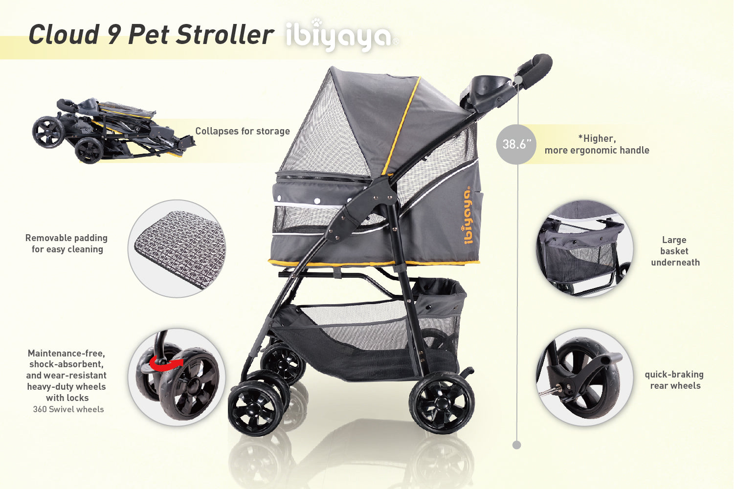 Ibiyaya Cloud 9 Pet Stroller for Cats & Dogs up to 20kg - Mustard Yellow Ibiyaya