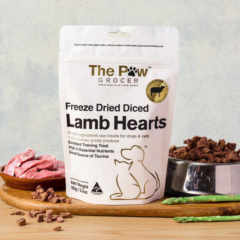 The paw grocer- freeze dried diced lamb hearts Woofy and Whiskers