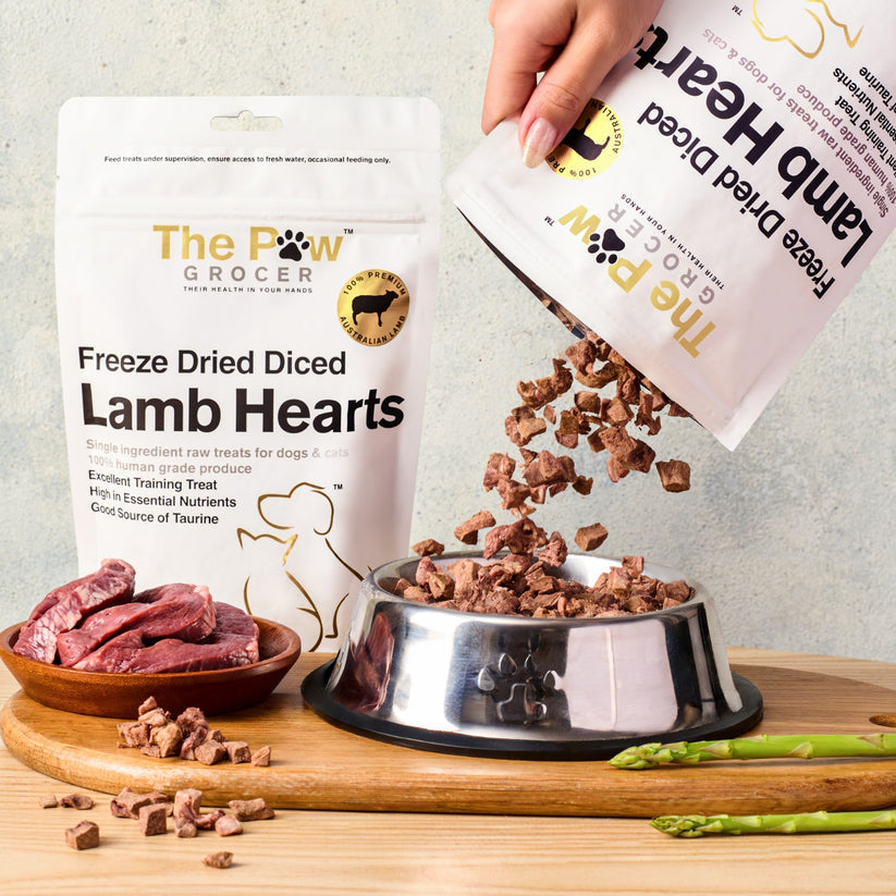 The paw grocer- freeze dried diced lamb hearts Woofy and Whiskers