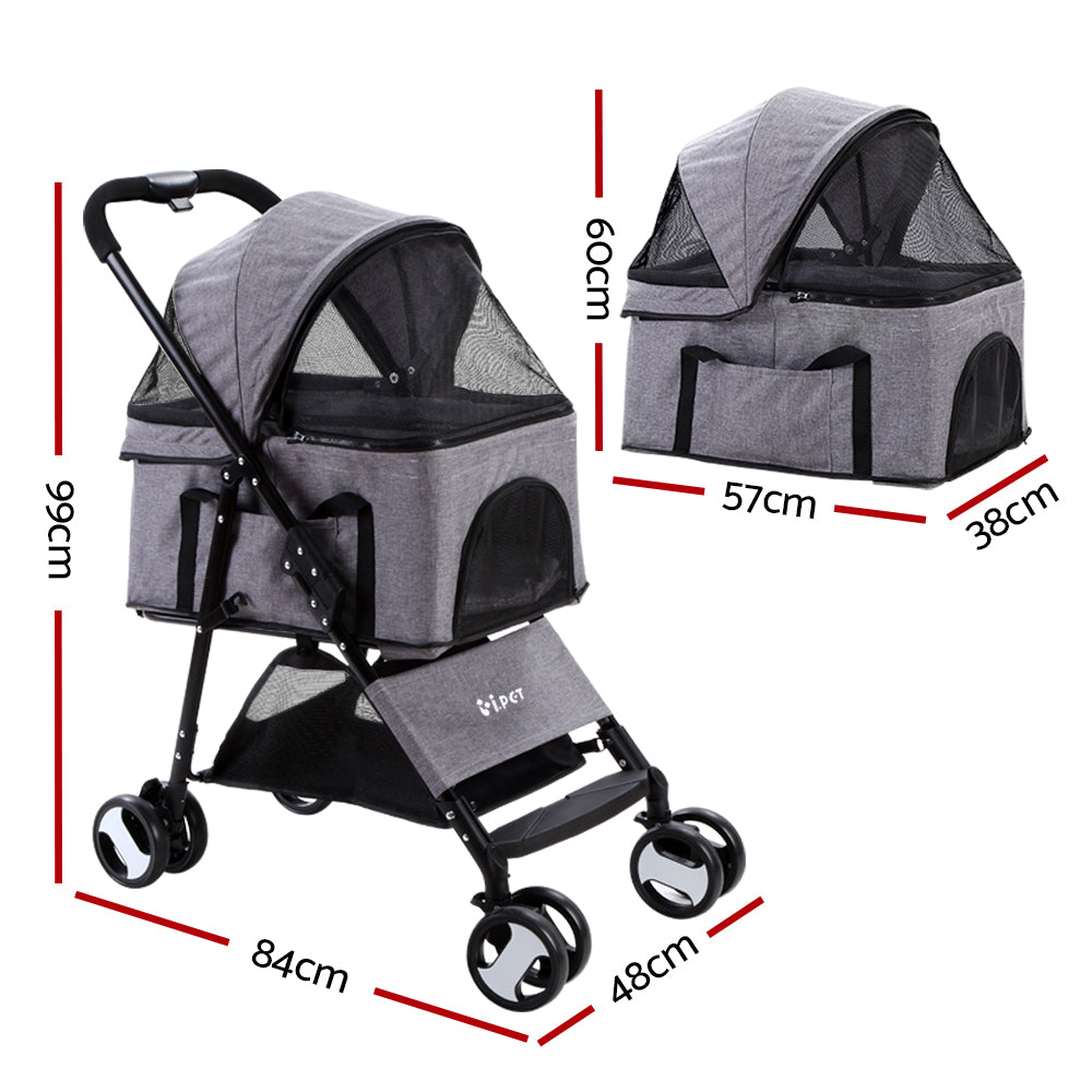 i.Pet Pet Stroller Dog Pram Cat Carrier Travel Large Pushchair Foldable 4 Wheels Grey Pet Care > Cat Supplies > Cat Carriers & Crates Woofy and Whiskers