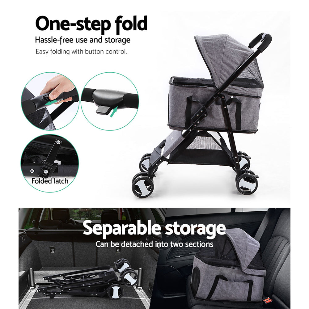 i.Pet Pet Stroller Dog Pram Cat Carrier Travel Large Pushchair Foldable 4 Wheels Grey Pet Care > Cat Supplies > Cat Carriers & Crates Woofy and Whiskers