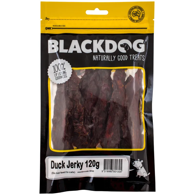 Black dog Duck Jerky Woofy and Whiskers