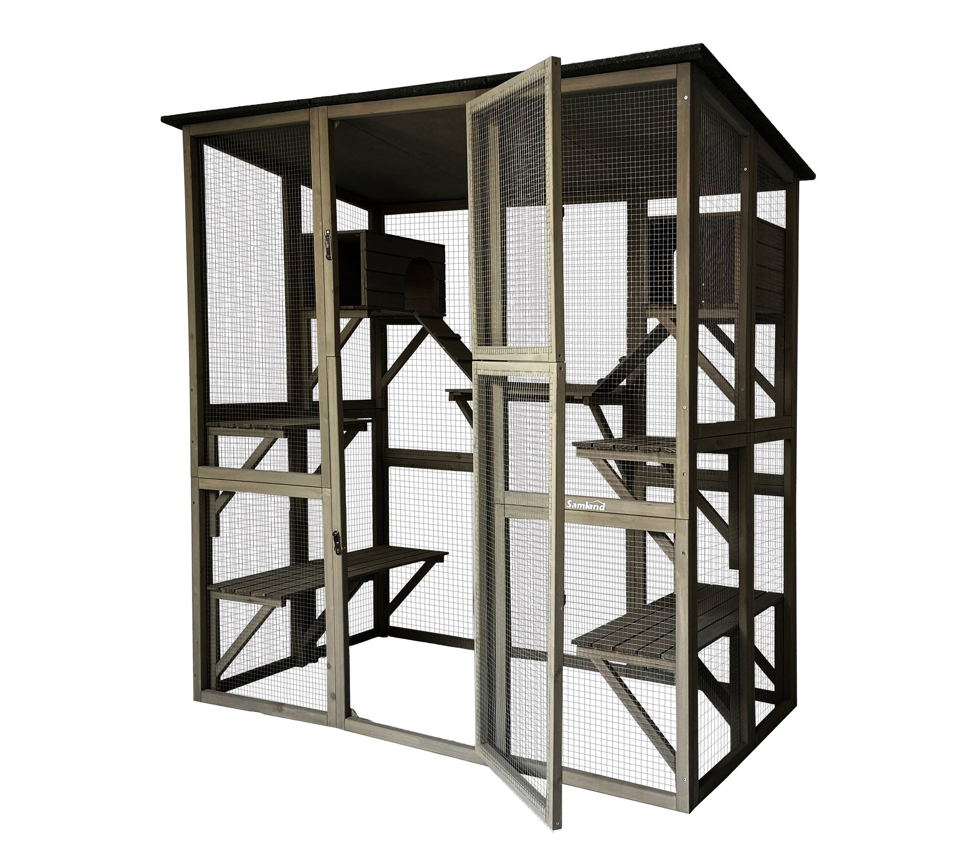 Samland Wooden Cat Cage Walk in Cat Condo House Kitten Ferret Enclosure Cage Pet Care > Coops & Hutches > Small Animal Habitats & Cages Samland