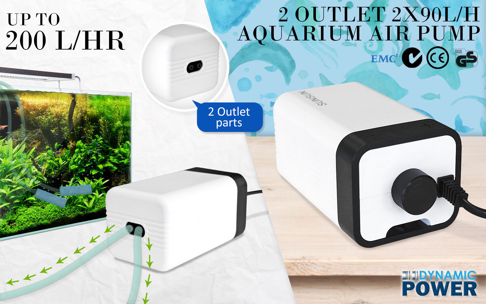 Aquarium Air Pump Oxygen Hydroponic 2 Outlet 180L/H 4W Pet Care > Aquarium > Aquarium Filters & Pumps Dynamic Power