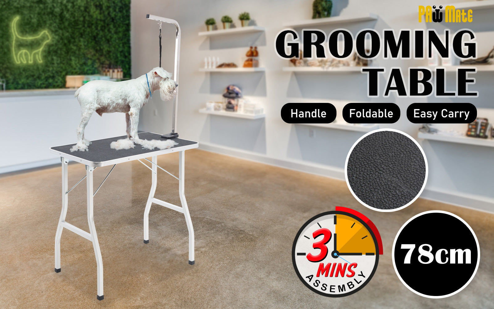Paw Mat Pet Grooming Salon Table 78cm Adjustable Foldable Mobile for Commercial BLACK Pet Care > Dog Supplies > Dog Grooming Supplies Woofy and Whiskers
