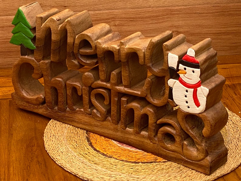 Wooden carved Merry Christmas decoration 38 cm long with Tree and Star Occasions > Christmas > Christmas Decorations Woofy and Whiskers