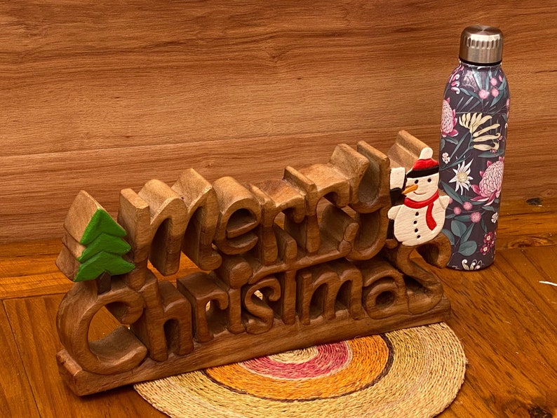Wooden carved Merry Christmas decoration 38 cm long with Tree and Star Occasions > Christmas > Christmas Decorations Woofy and Whiskers