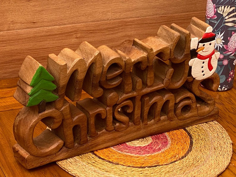 Wooden carved Merry Christmas decoration 38 cm long with Tree and Star Occasions > Christmas > Christmas Decorations Woofy and Whiskers