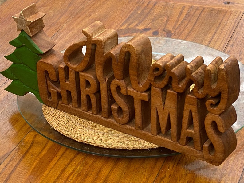 Wooden carved Merry Christmas decoration 38 cm long with Tree and Star Occasions > Christmas > Christmas Decorations Woofy and Whiskers