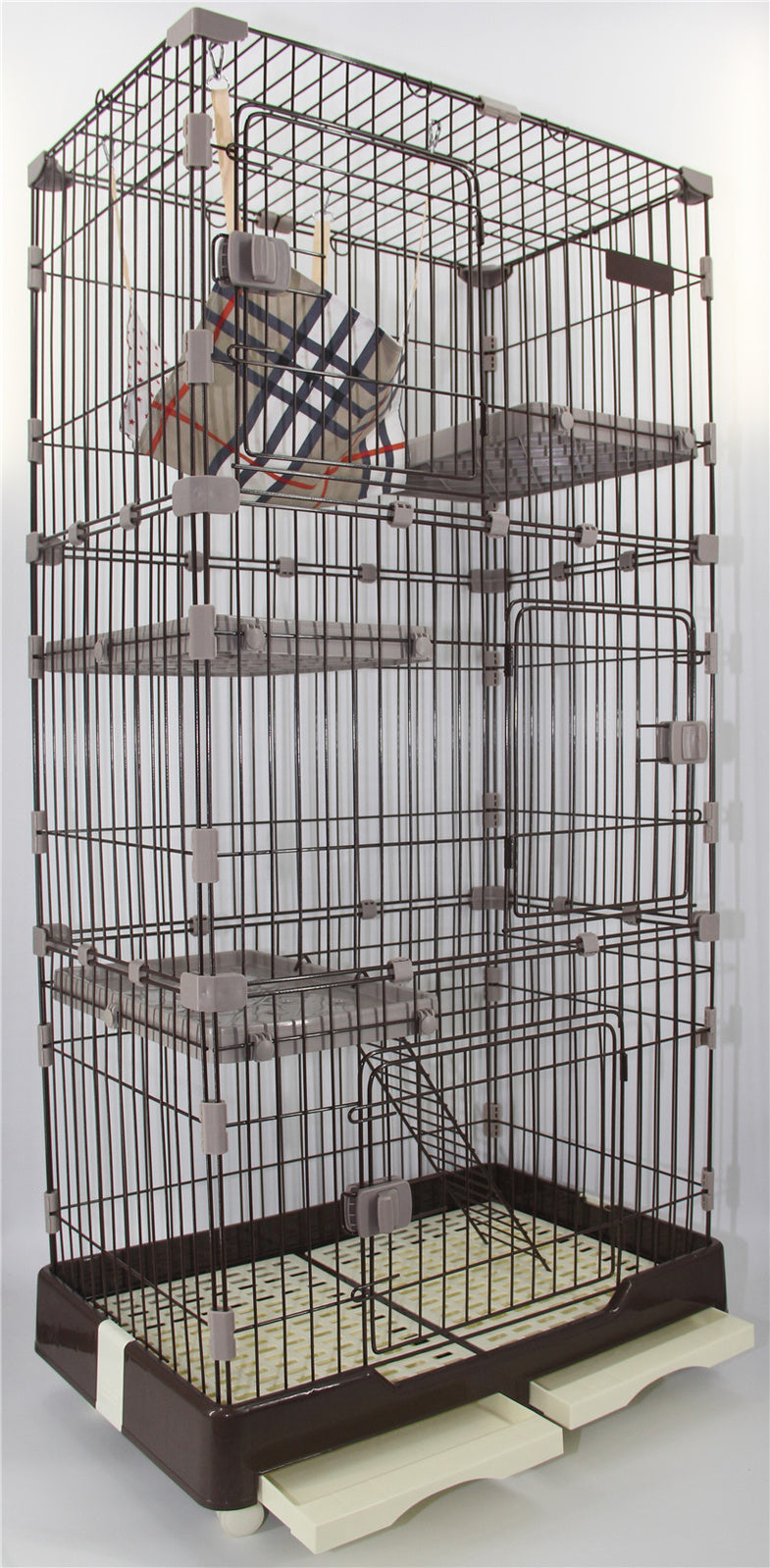146 cm Brown Pet 4 Level Cat Cage House With Litter Tray & Wheel 72x47x146 cm Pet Care > Coops & Hutches > Small Animal Habitats & Cages YES4PETS