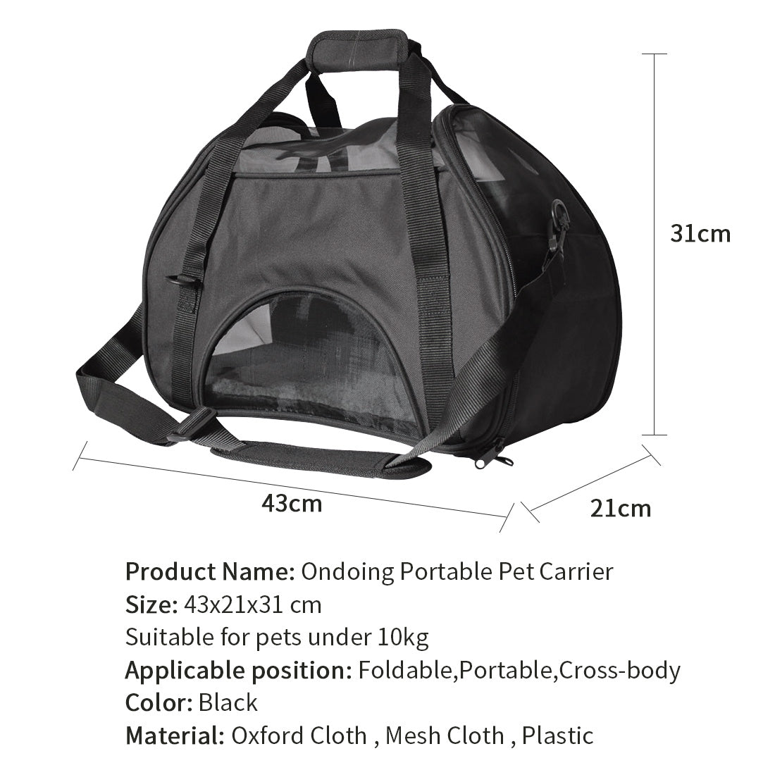 Ondoing Black Portable Pet Carrier Tote Travel Bag Kennel Soft Dog Crate Cage Outdoor Pet Care > Cat Supplies > Cat Carriers & Crates Woofy and Whiskers