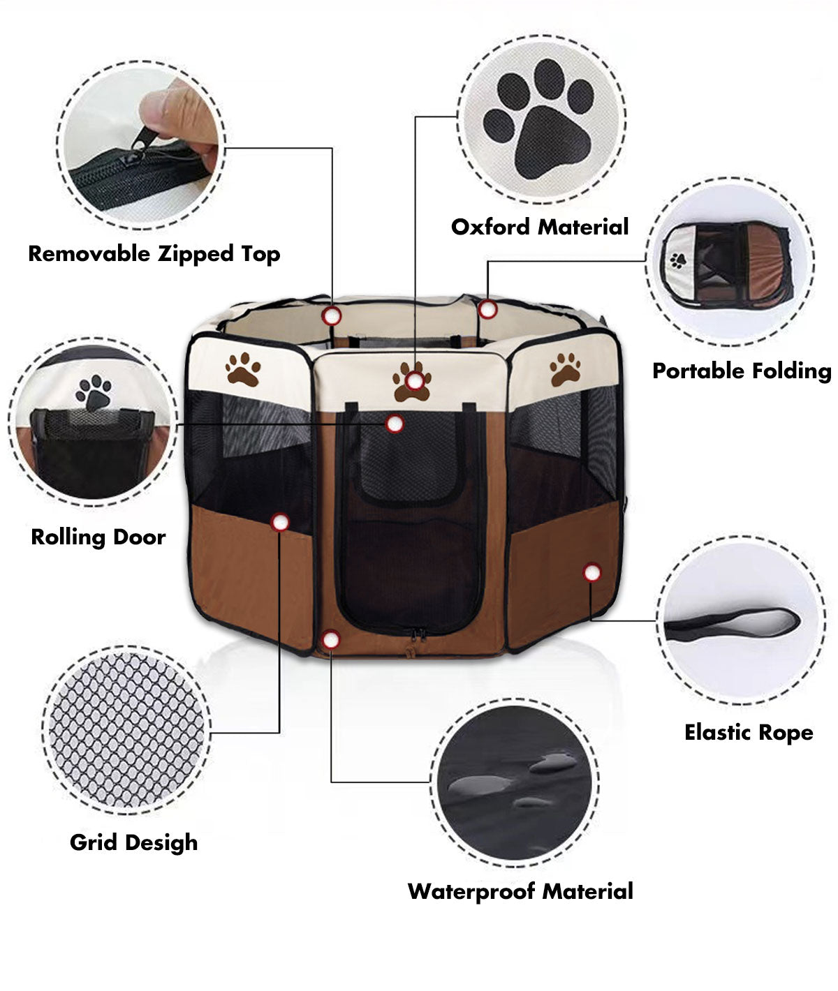 8 Panel Pet Dog Cat Crate Play Pen Bags Kennel Portable Tent Playpen Puppy Cage Extra Large Brown Pet Care > Dog Supplies > Dog Playpens & Gates Woofy and Whiskers