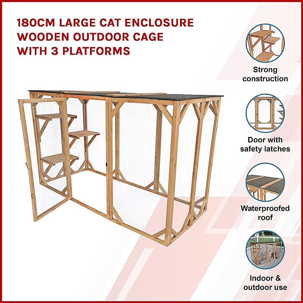 180cm Large Cat Enclosure Wooden Outdoor Cage with 3 Platforms Pet Care > Cleaning & Maintenance > Pet Grooming Supplies YES4PETS