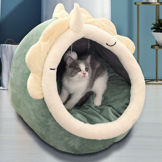 Green Half-Enclosed Cat Bed - Soft Short Velvet Fabric with Sponge + PP Cotton Filling, M Size (35x35x30cm) Pet Care > Cat Supplies > Cat Furniture Woofy and Whiskers