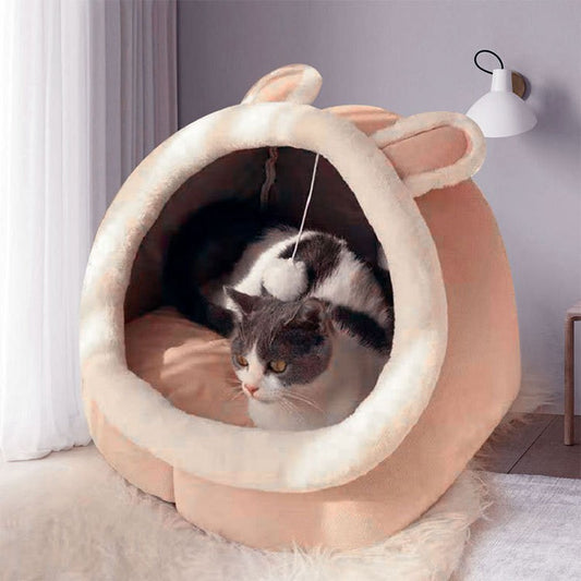 Pink Half-Enclosed Cat Bed - Soft Short Velvet Fabric with Sponge + PP Cotton Filling, S Size (28x28x30cm) Pet Care > Cat Supplies > Cat Furniture Woofy and Whiskers