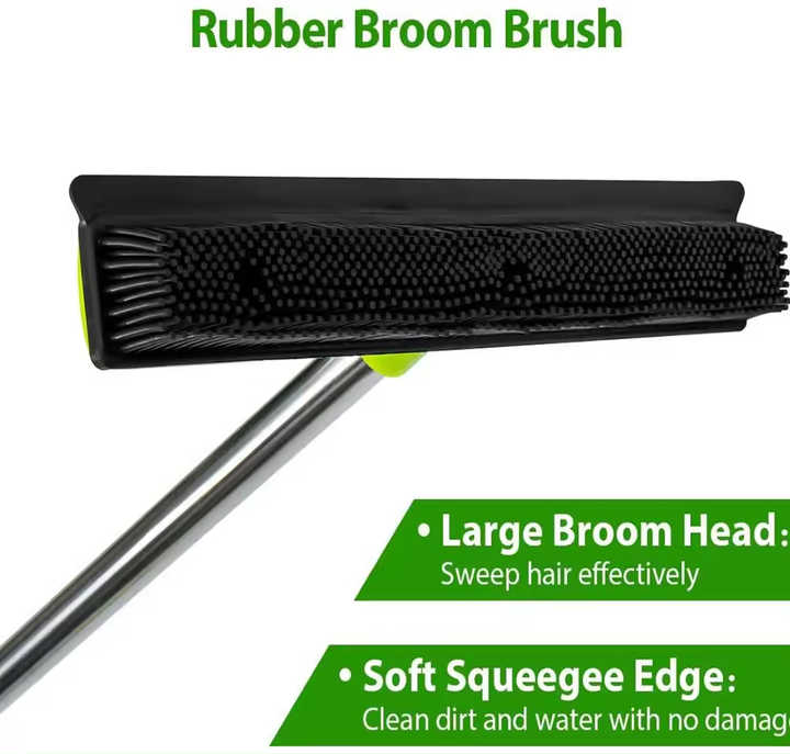 Green and Silver Versatile Pet Hair Remover Rubber Broom & Squeegee - 125cm Adjustable Stainless Steel Handle for Carpets, Floors & Windows Pet Care > Cleaning & Maintenance > Pet Cleaning Supplies Generic