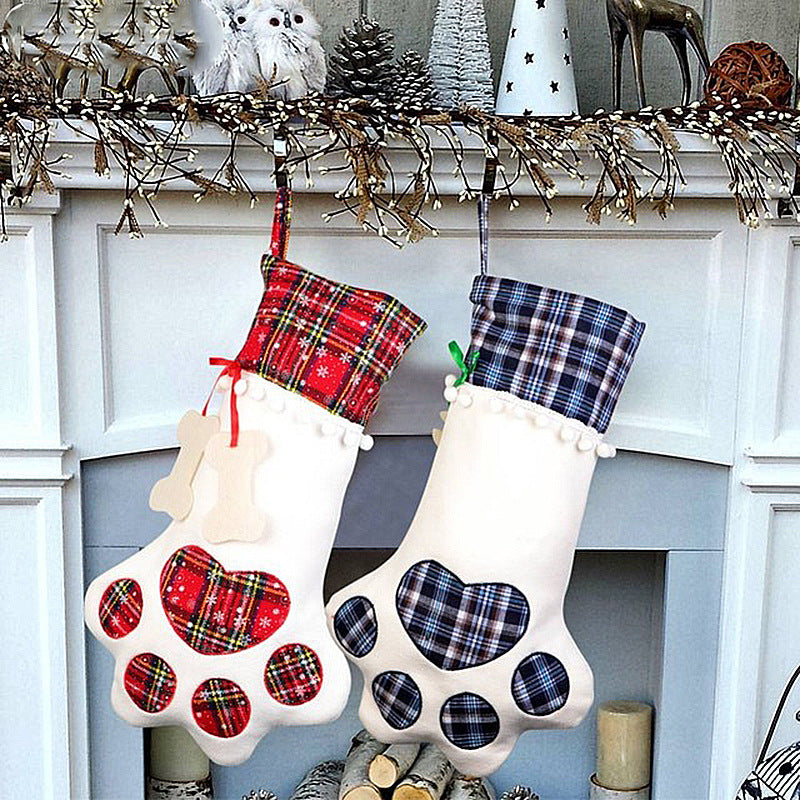 Red Large Plaid Dog Paw Christmas Stocking - Festive Fireplace Decor for Pet Lovers Occasions > Christmas > Christmas Decorations Woofy and Whiskers