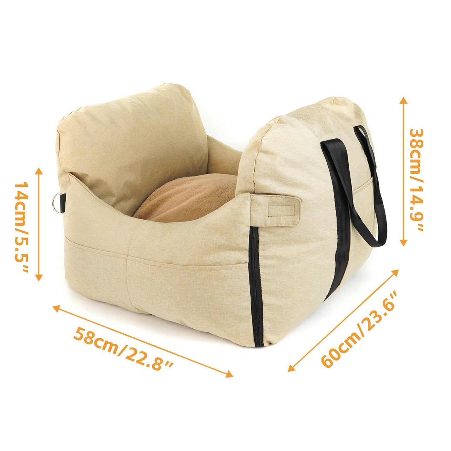 2-in-1 Pet Car Booster Seat & Travel Bed - Removable, Non-Slip, for Small Dogs & Cats(Khaki) Pet Care > Dog Supplies > Dog Kennels Woofy and Whiskers